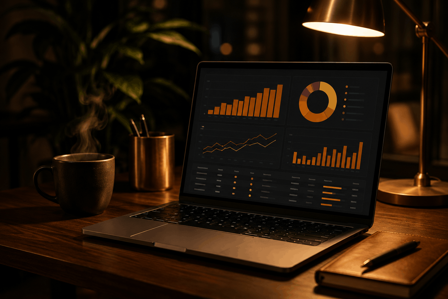 Business analytics dashboard showing charts and customer data on a laptop